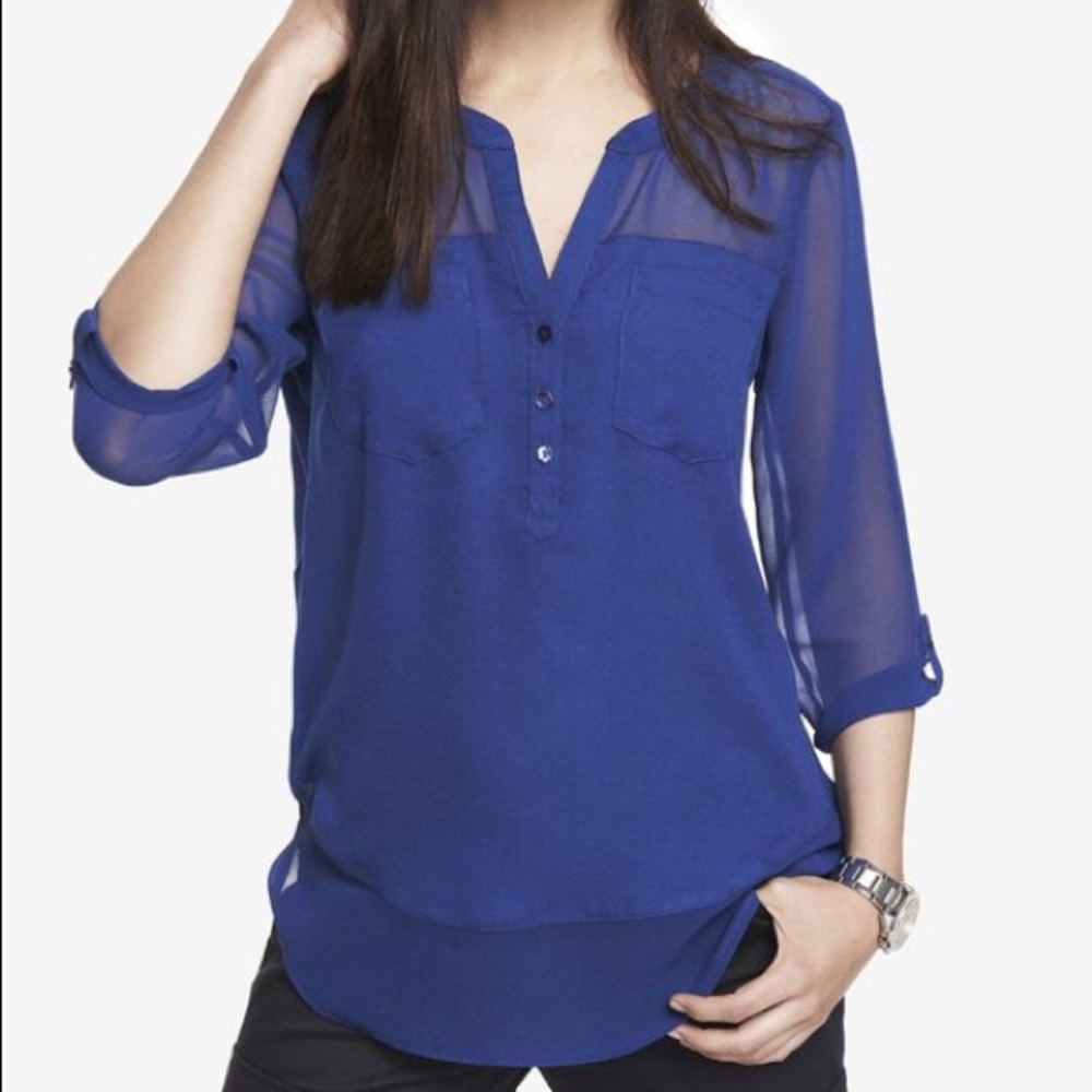 Express Blue Chiffon Two Pocket Blouse